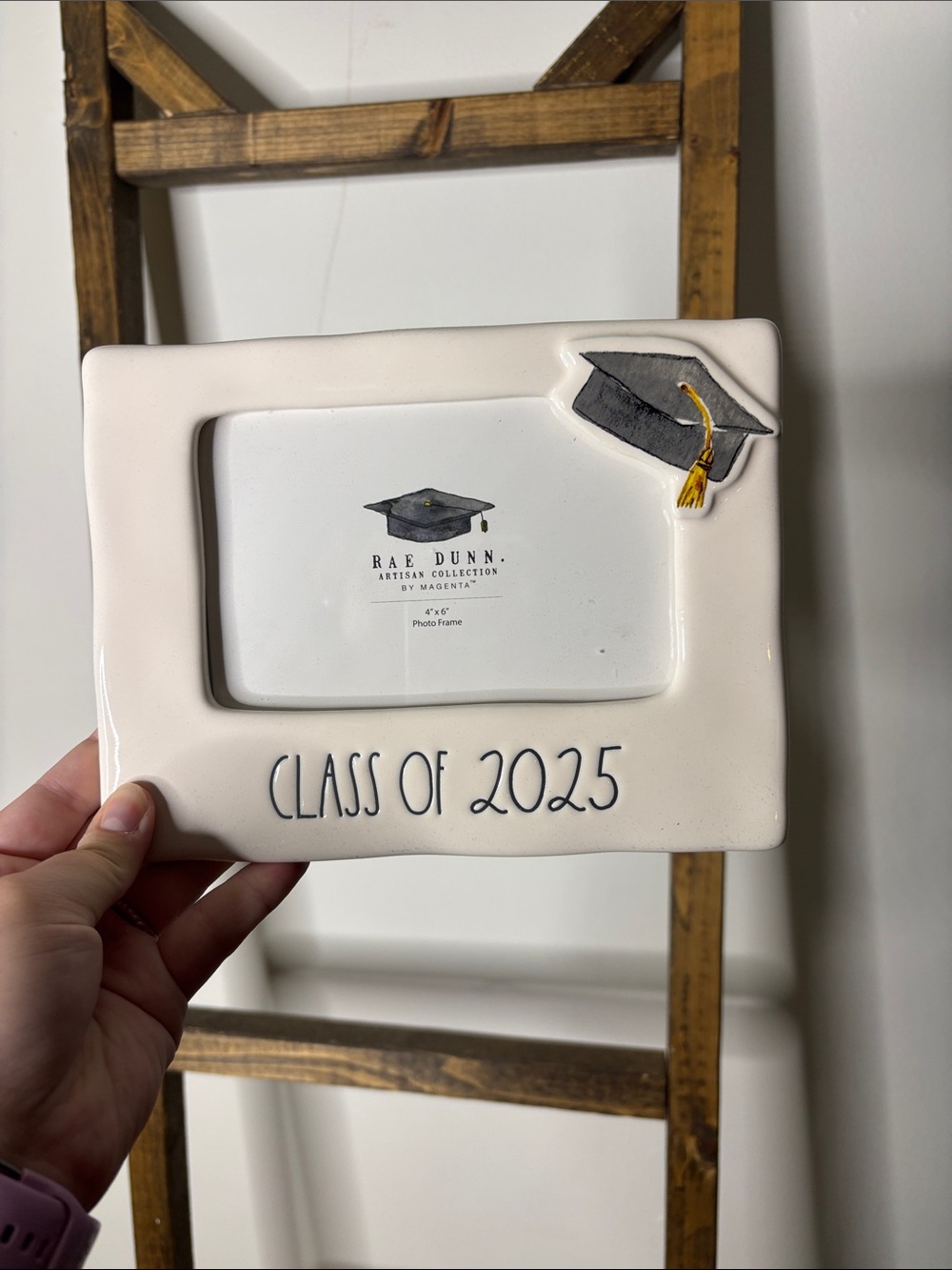 Rae Dunn White Ceramic "Class of 2025" Photo Frame with Gray Cap and Gold Tassel